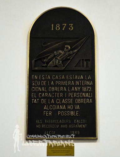 Close-up of commemoration plaque of the 1st working-class International